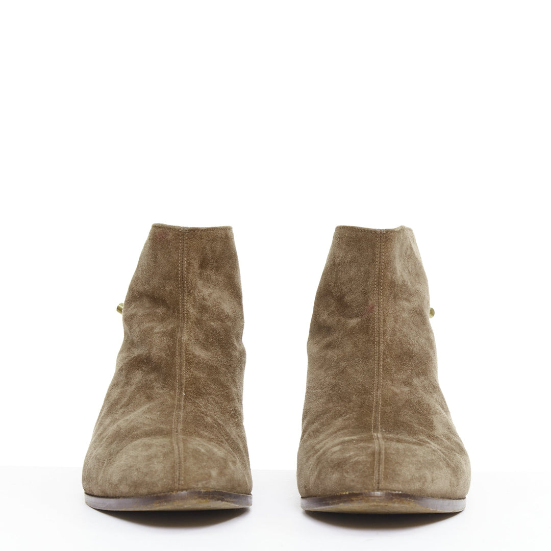 HERMES brown suede gold Kelly toggle hardware point toe ankle boots EU37.5