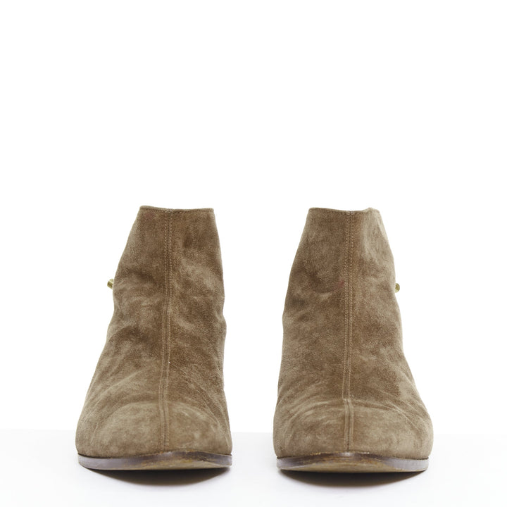 HERMES brown suede gold Kelly toggle hardware point toe ankle boots EU37.5