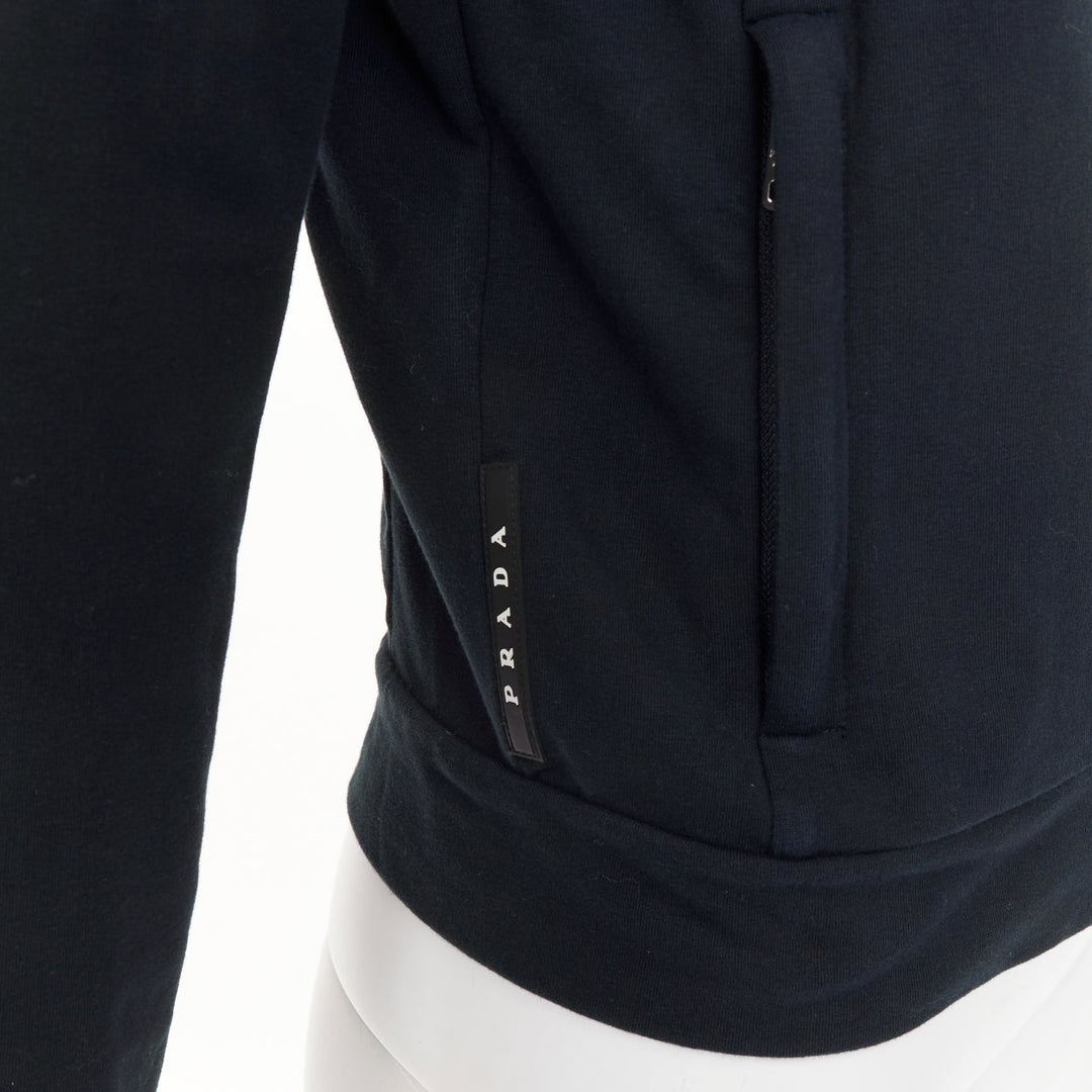 PRADA 2019 Linea Rossa navy white striped zip front logo side cropped hoodie M