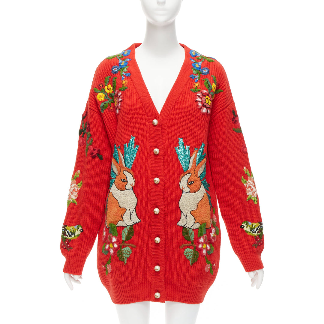 GUCCI Alessandro Michele red wool rabbit embroidery patch oversized cardigan S