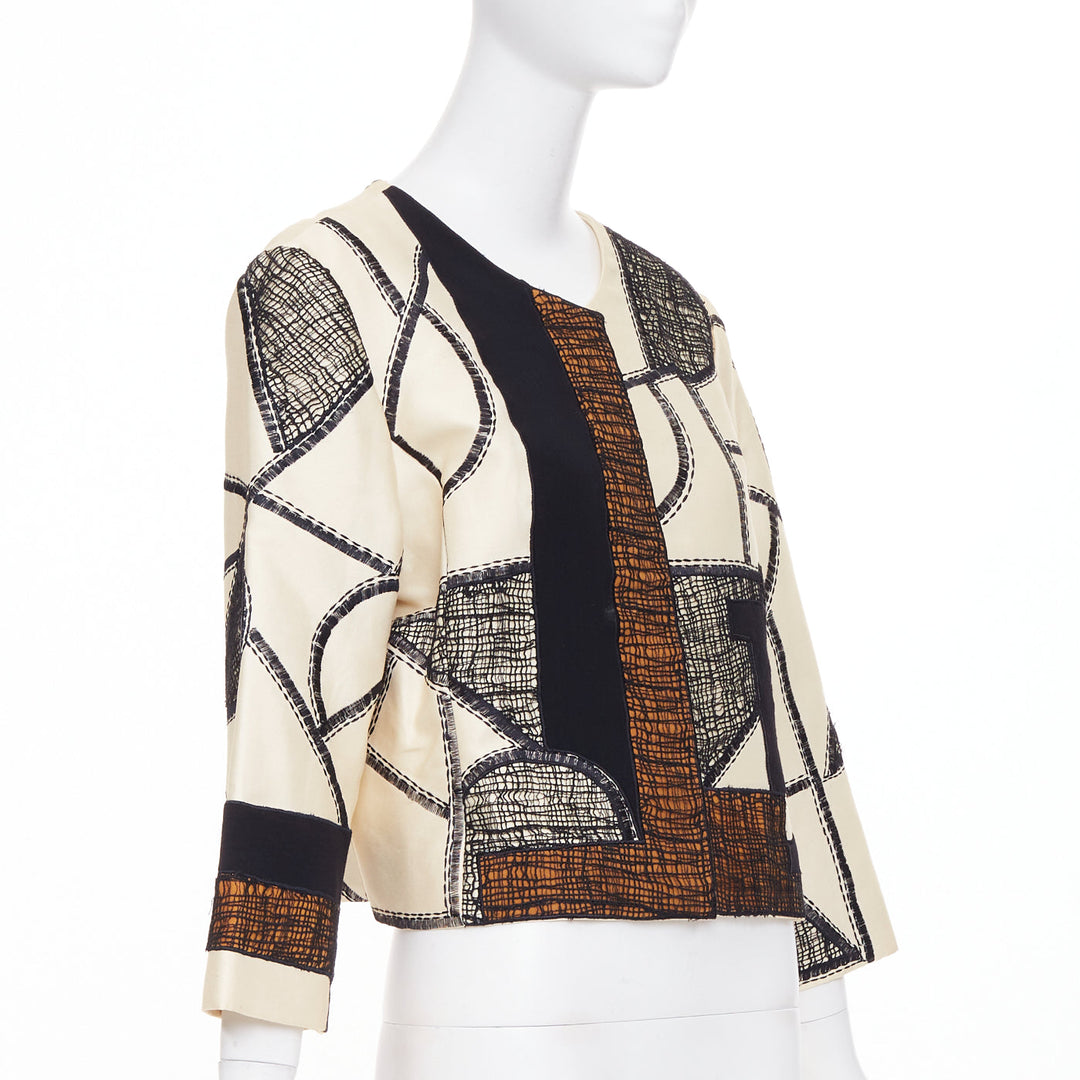 OSCAR DE LA RENTA 2012 beige black abstract mesh overlay cropped jacket US12 2XL