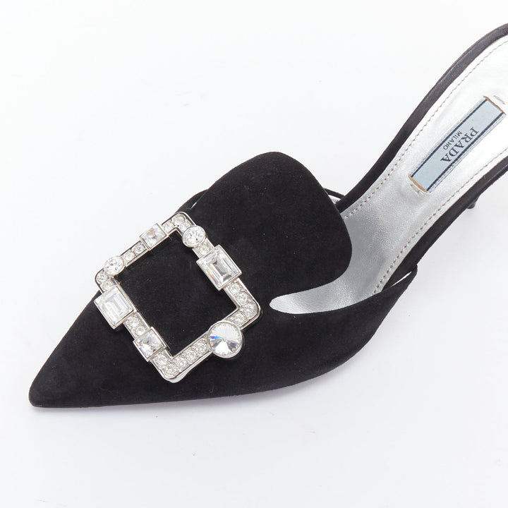 PRADA black crystal rectangle buckle suede leather mules EU39