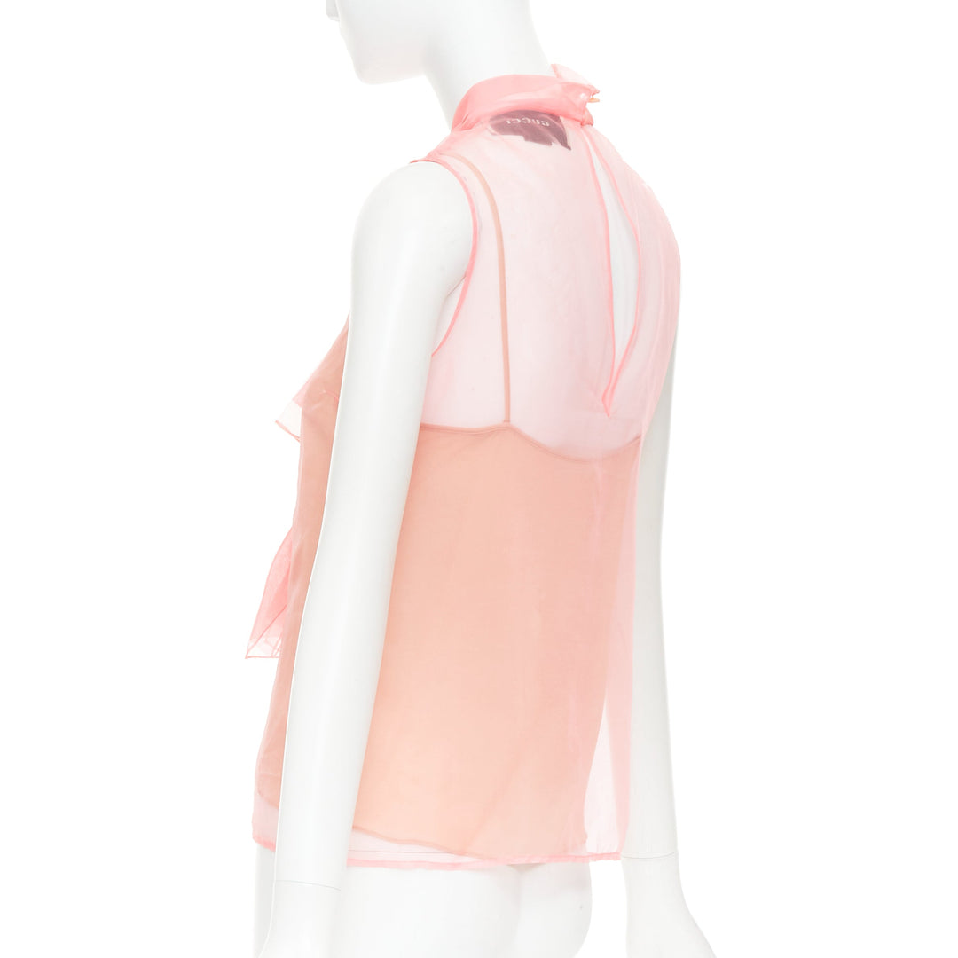 GUCCI 2015 pink silk organza sheer pussybow sleeveless blouse IT38 XS