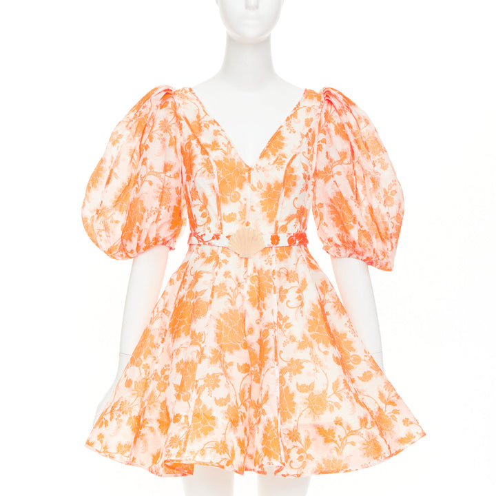 ZIMMERMANN Postcard orange floral linen silk puff sleeve flare mini dress Sz0 XS