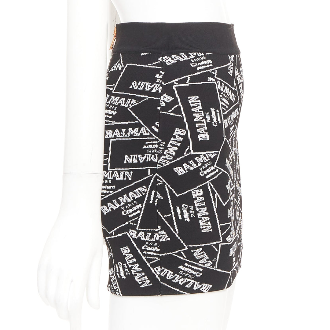 BALMAIN 2025 Label Jacquard Knit black white logo box intarsia skirt FR34 XS
