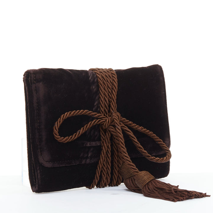 GIORGIO ARMANI brown velvet twisted tassel cord trim envelope pouch clutch bag