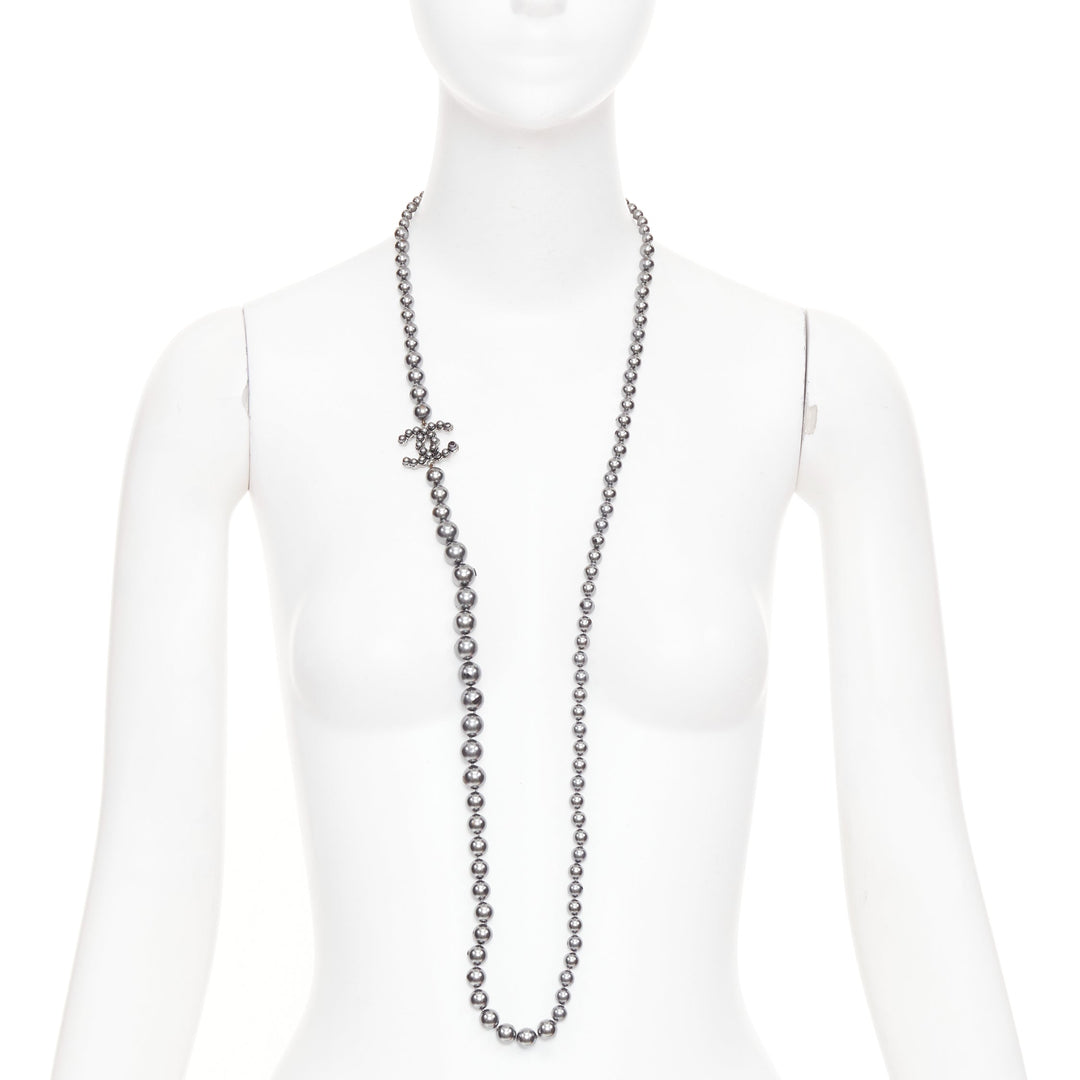 CHANEL B15P CC grey ruthenium metallic glass pearl long strand sautoir necklace