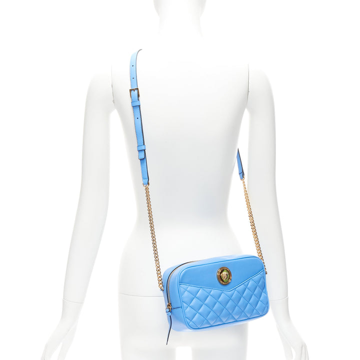 VERSACE blue lambskin leather quilted gold Medusa chain crossbody bag Medium