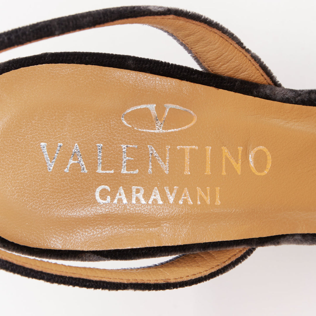 VALENTINO GARAVANI Vintage dark grey crushed velvet crystal wedge sandals EU36