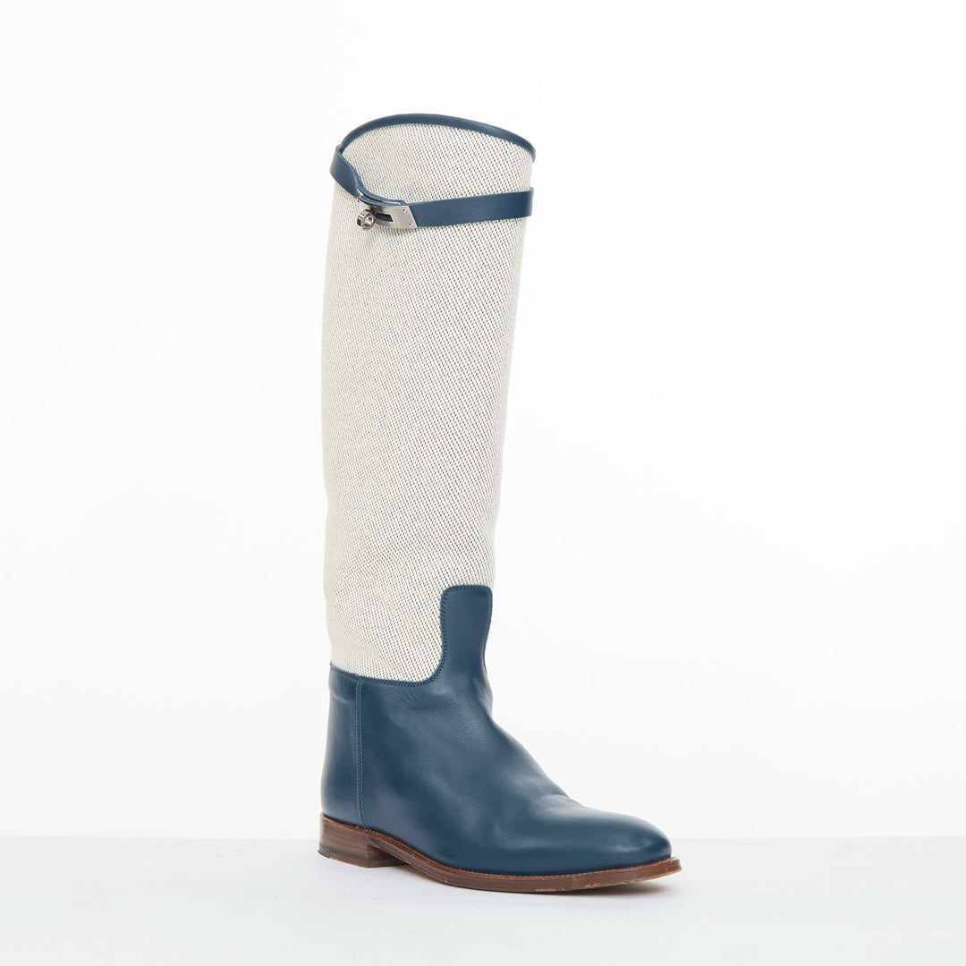 HERMES Jumping beige canvas navy blue leather Kelly buckle riding boots EU37.5