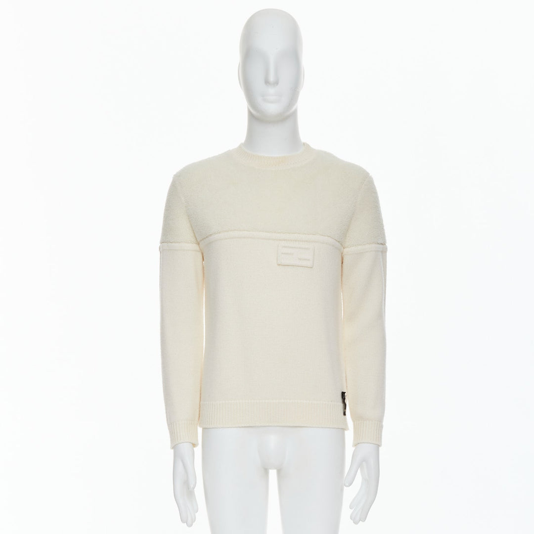 Male mannequin wearing Fendi Cream Wool Men Sweater in Size IT46 | Available at JHROP