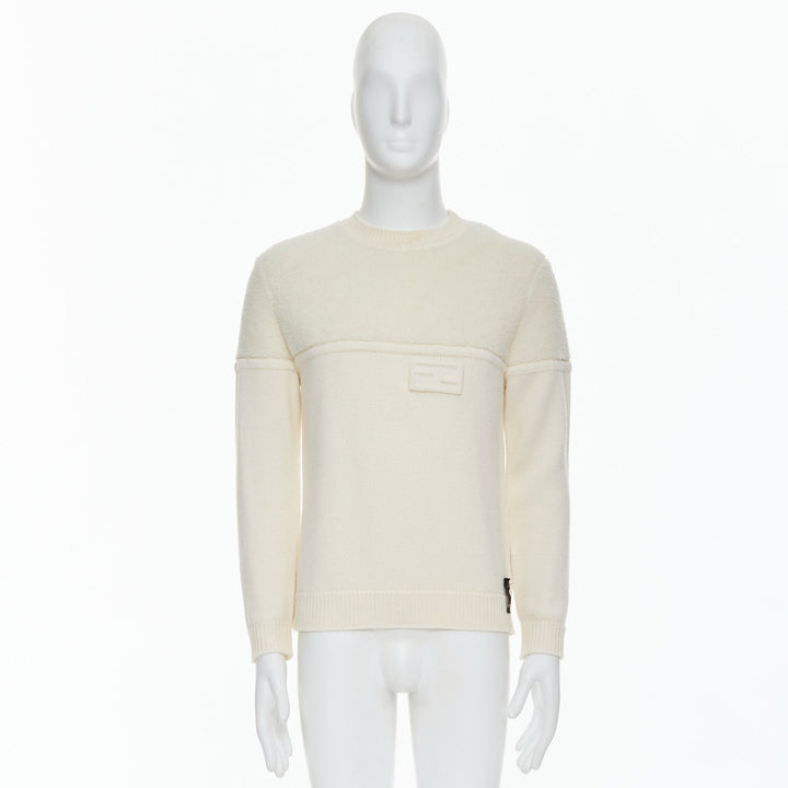 Male mannequin wearing Fendi Cream Wool Men Sweater in Size IT46 | Available at JHROP