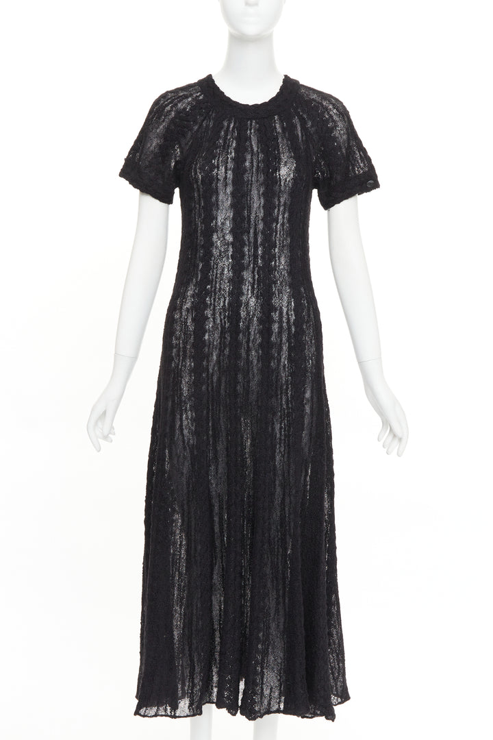 CHANEL black alpaca blend open knit crochet pointelle sleeve midi dress FR40 L