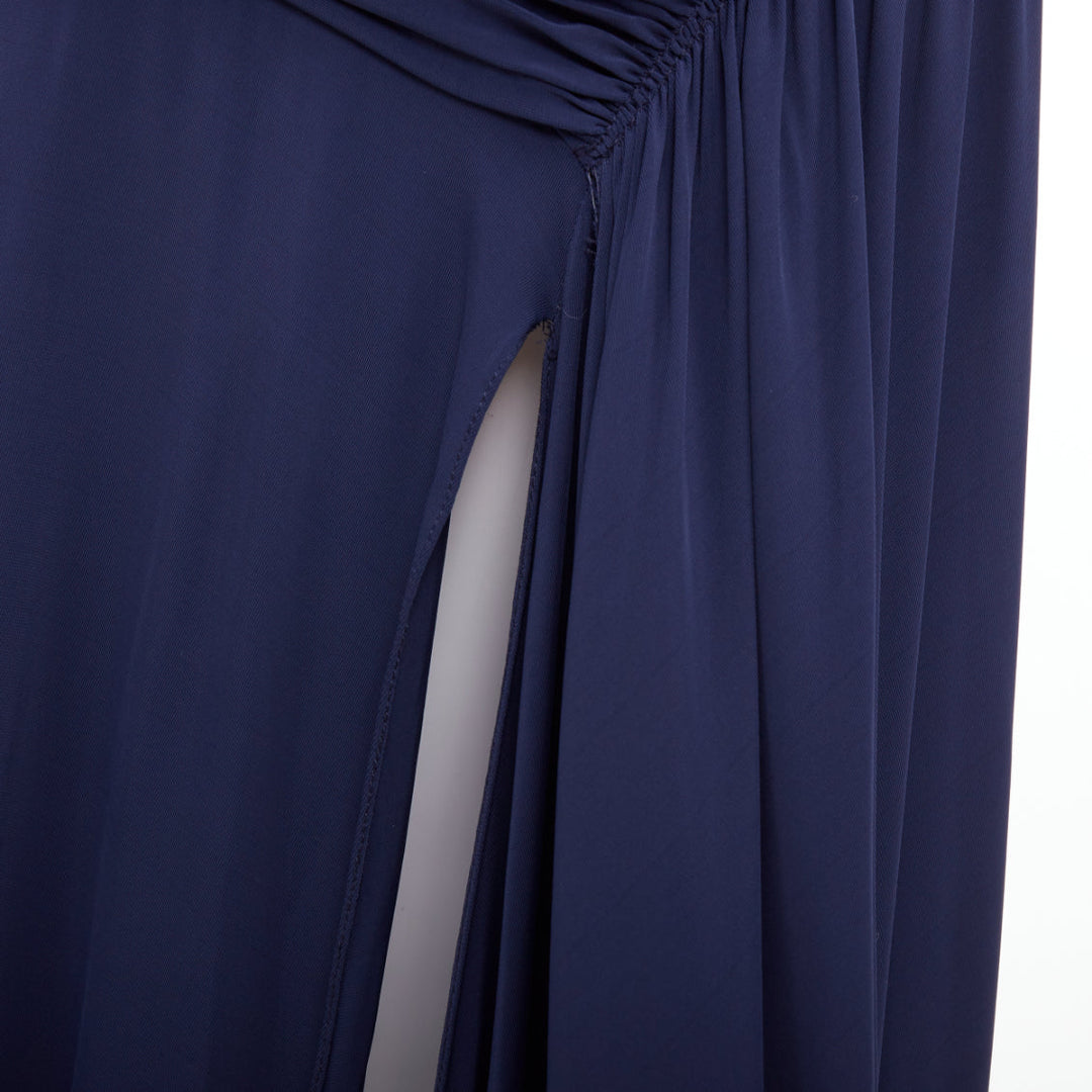 DONNA KARAN navy cold shoulder lunge neck draped grecian gown dress L