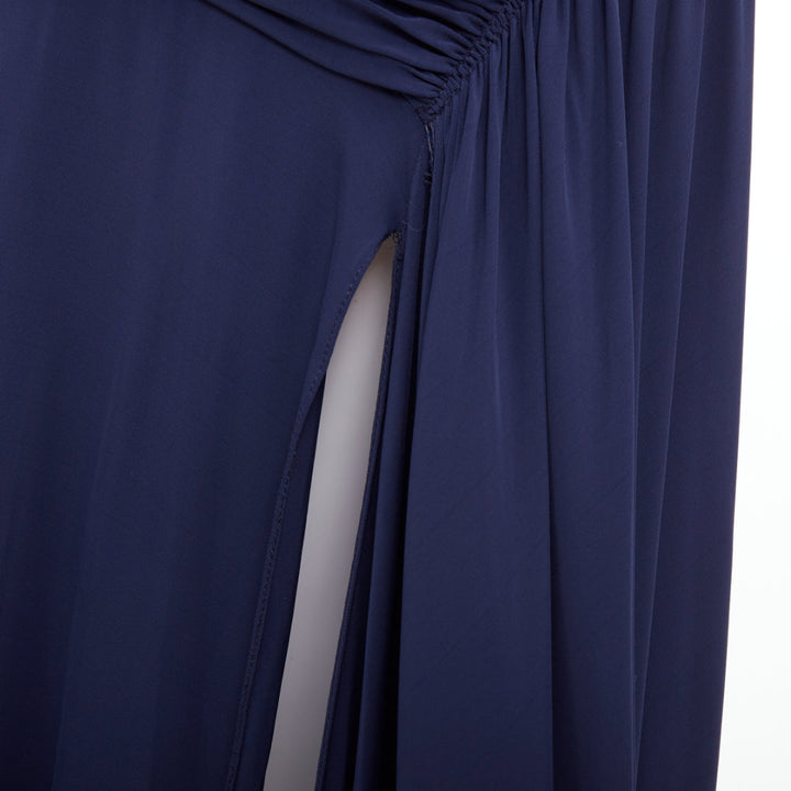 DONNA KARAN navy cold shoulder lunge neck draped grecian gown dress L