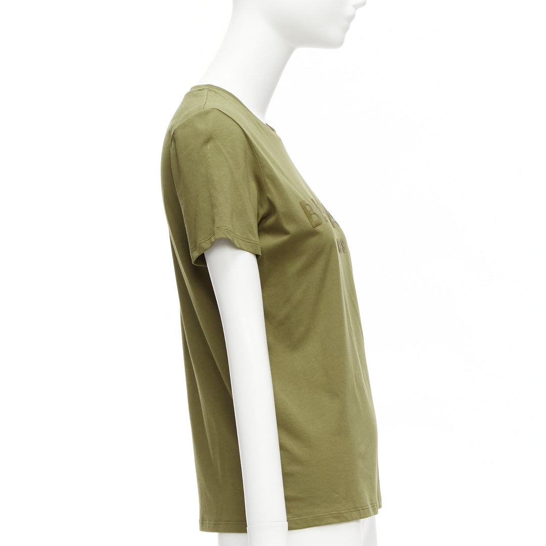 BALMAIN green brown distressed logo military buttons tshirt XS