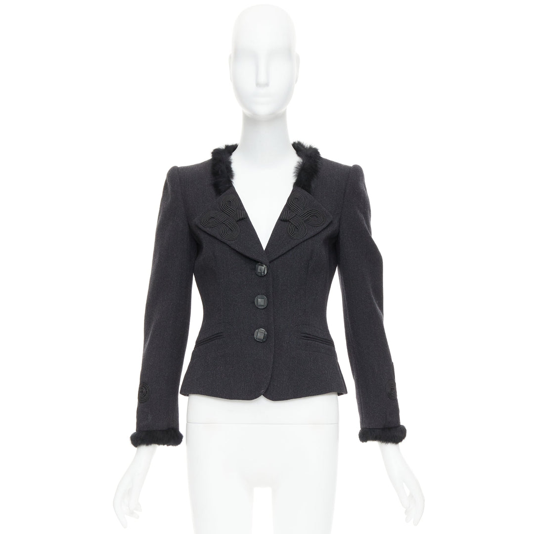 EMPORIO ARMANI grey virgin wool fur trim totem applique crop blazer IT42 M