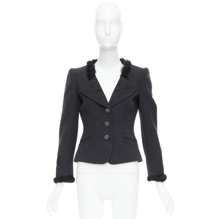EMPORIO ARMANI grey virgin wool fur trim totem applique crop blazer IT42 M