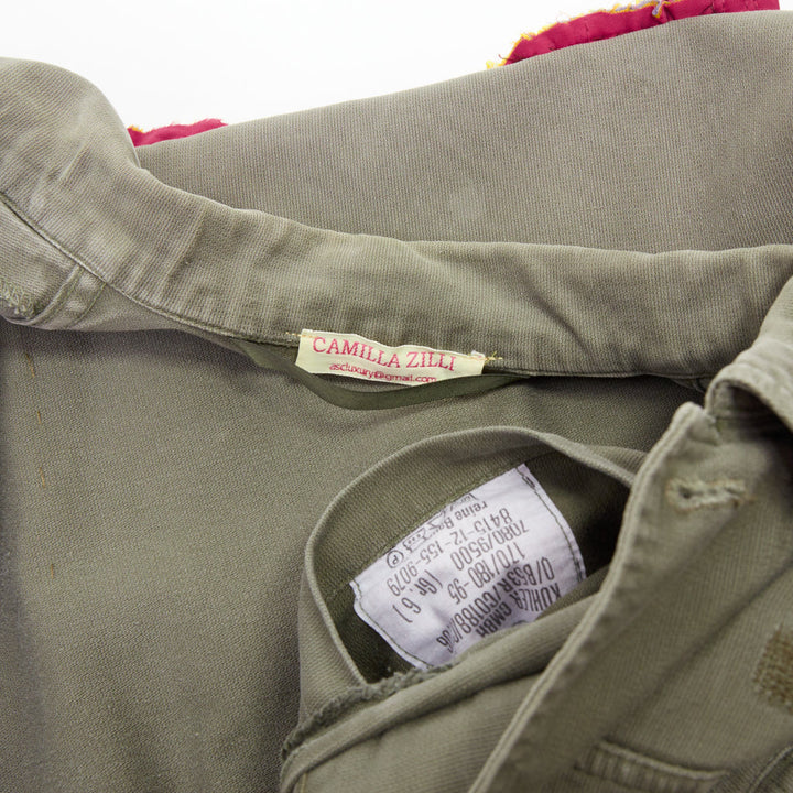 CAMILLA ZILLI embellished back repurposed khaki cotton canvas utility jacket M