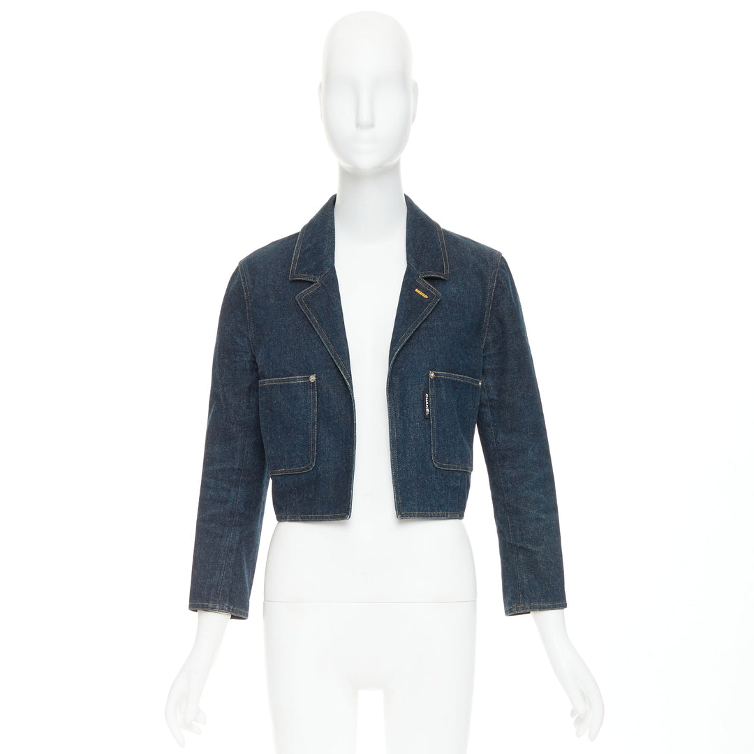 CHANEL 1996 Vintage washed indigo denim logo patch pocket cropped denim jacket