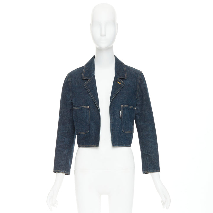 CHANEL 1996 Vintage washed indigo denim logo patch pocket cropped denim jacket