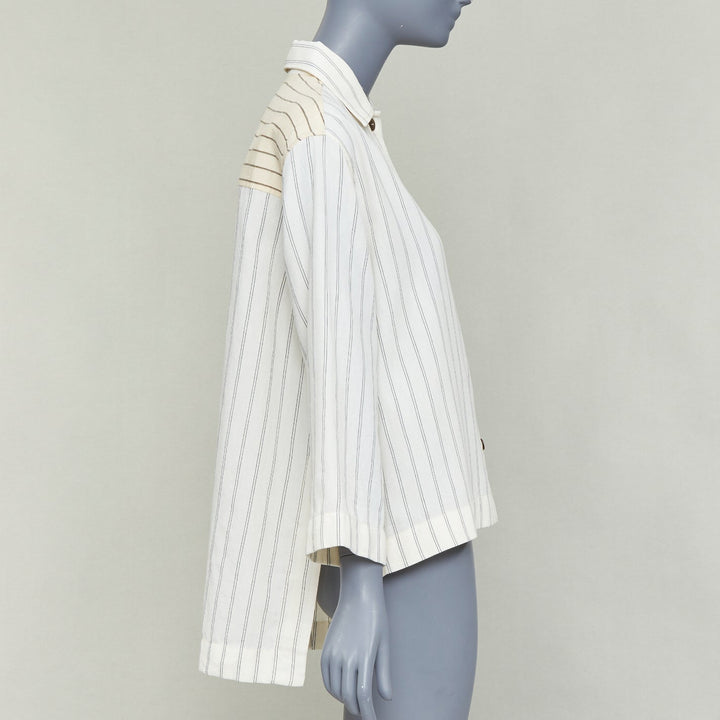 LOEWE JW ANDERSON cream cotton linen pinstripes boxy cropped shirt FR34 XS