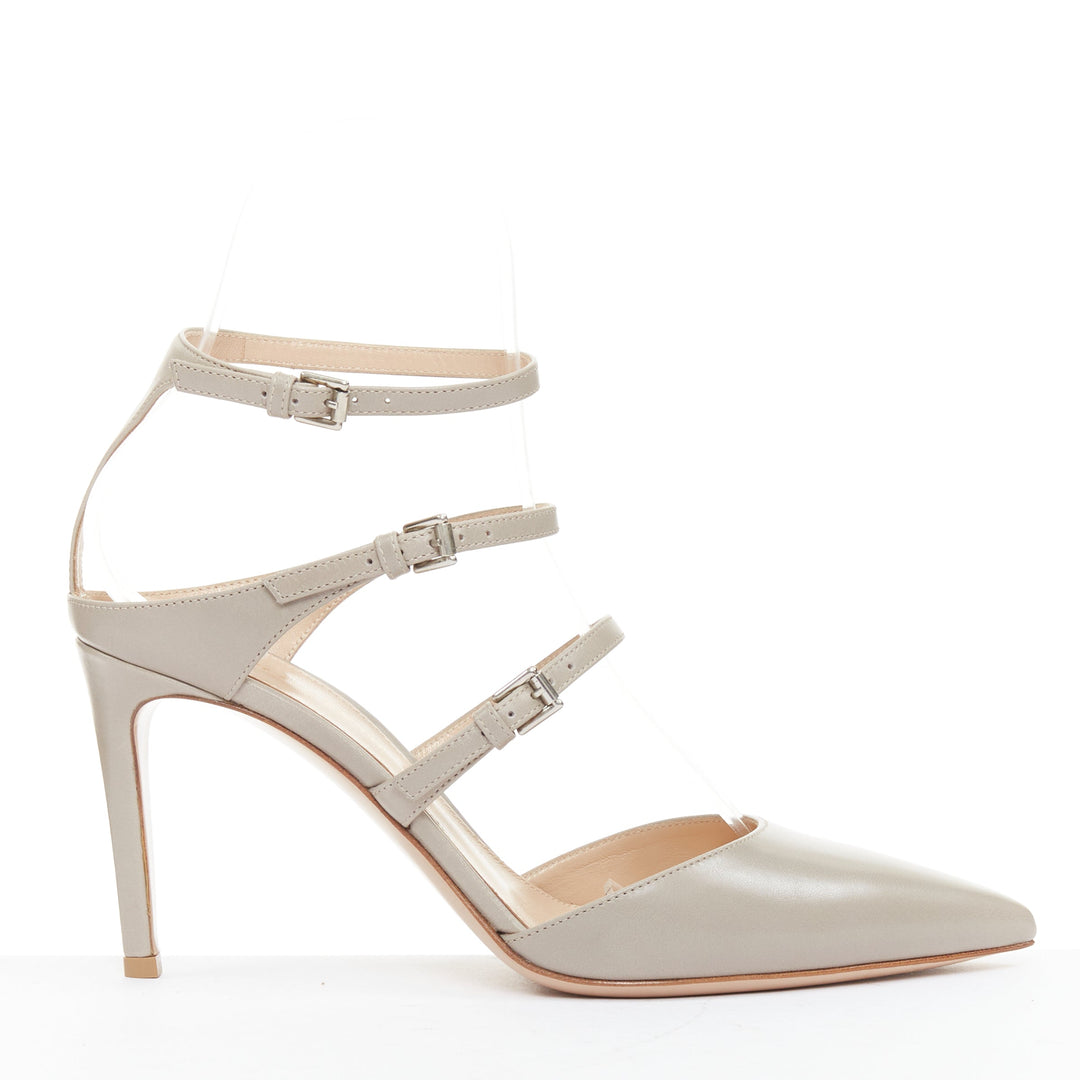 GIANVITO ROSSI Carey Mid Pointy dusty grey triple straps pointy pumps EU37.5