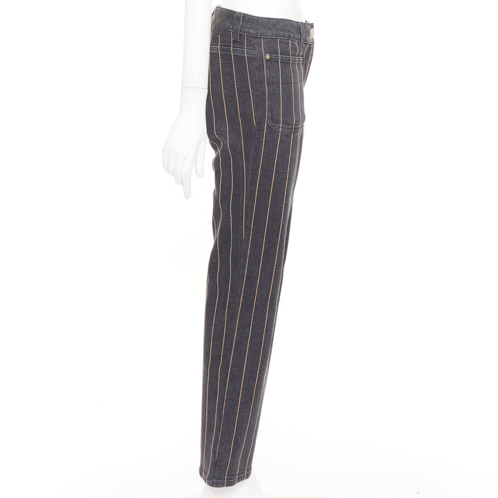 CHANEL washed dark gray gold chain trim bronze cc button straight jeans FR38 M
