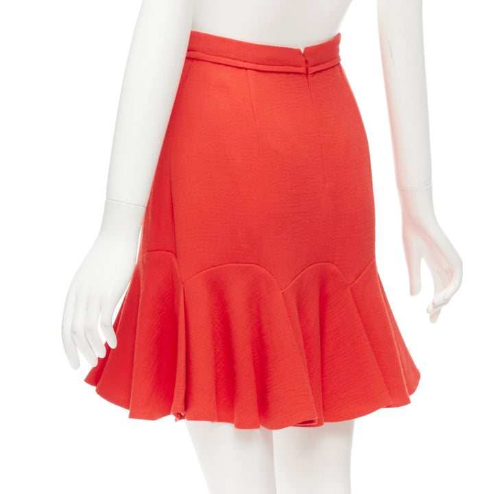 CARVEN coral orange viscose virgin wool frill hem mini skirt IT38 XS