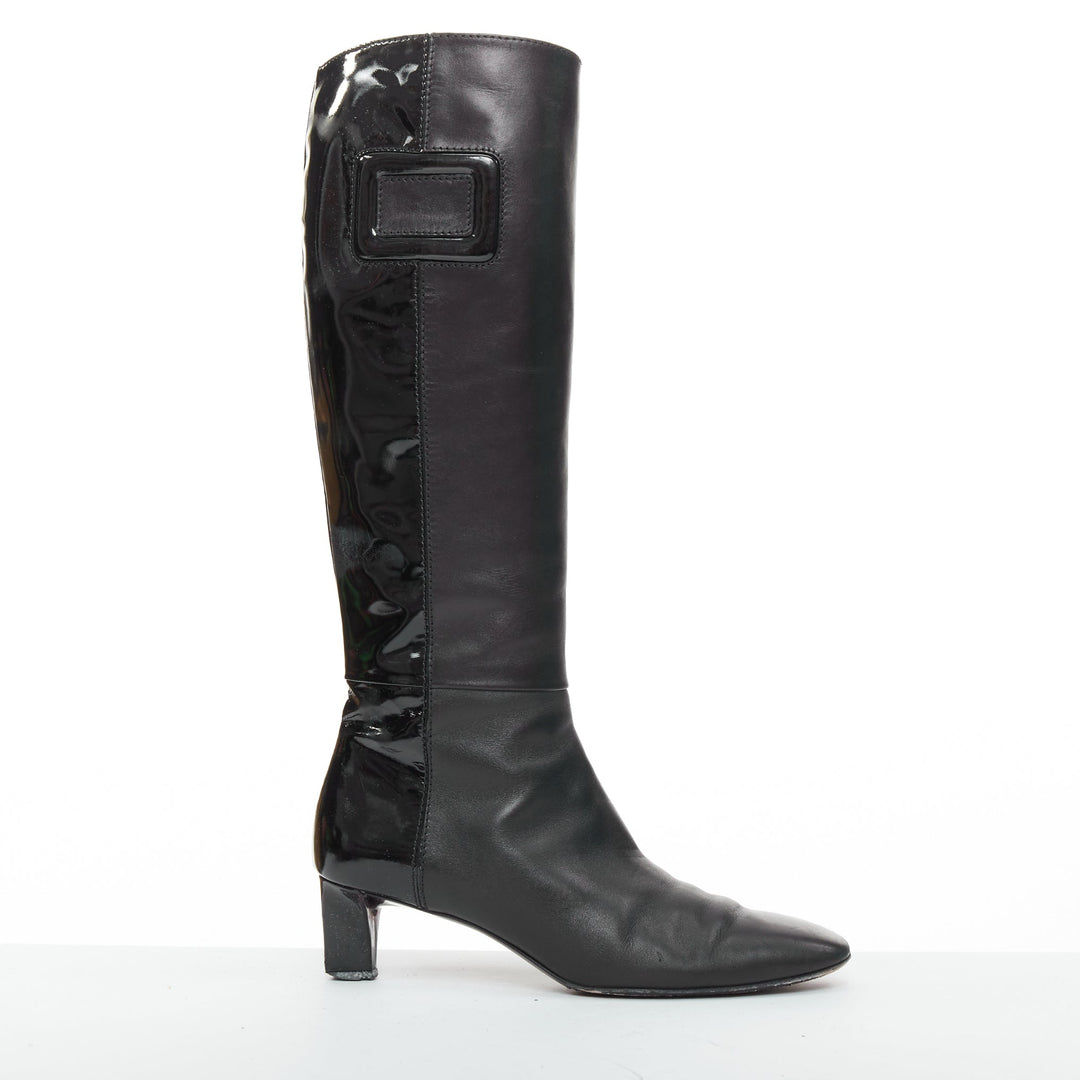 ROGER VIVIER Belle black patent leather split buckle pointy kitten boots EU38