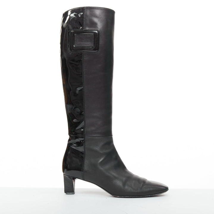 ROGER VIVIER Belle black patent leather split buckle pointy kitten boots EU38