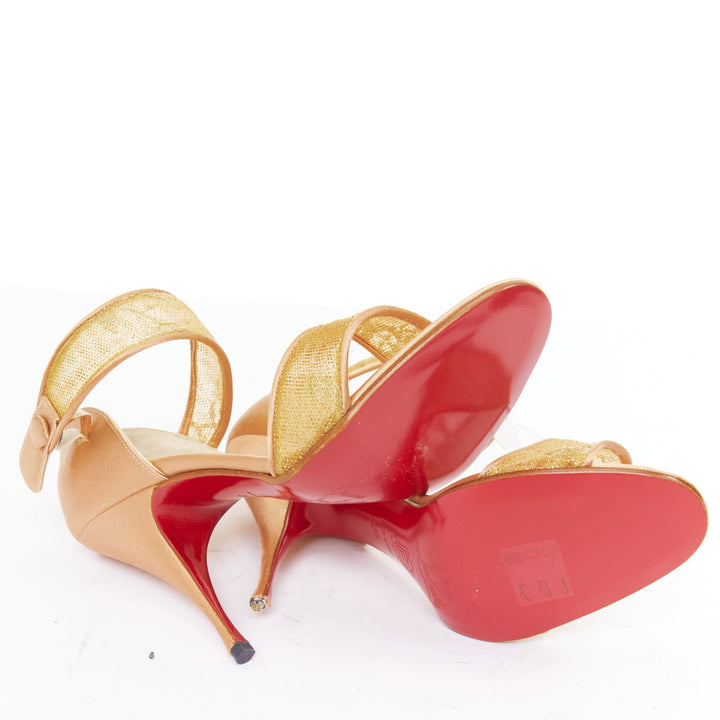 CHRISTIAN LOUBOUTIN 2011 gold lace nude satin trim straps cone sandals EU37.5