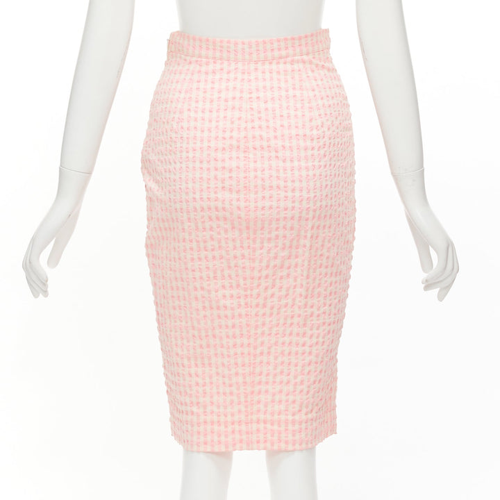 ALTUZARRA pink white gingham fabric button front midi pencil skirt FR36 S