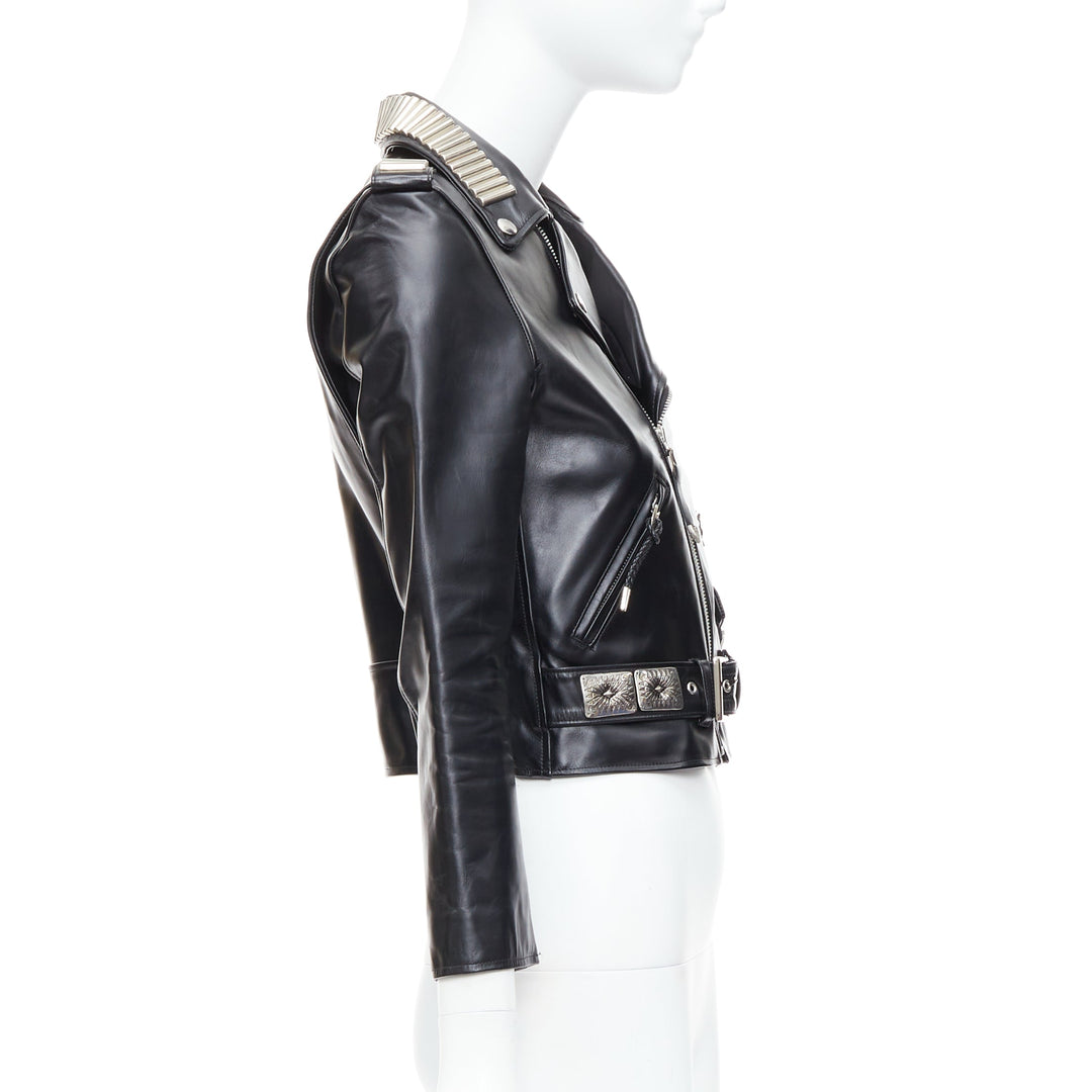 TOGA PULLA black cowhide leather silver logo charm zip crop biker FR36 S