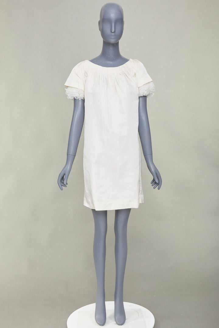 GIAMBATTISTA VALLI Bridal ruffle trim layered sleeve ivory shift dress IT40 XXS