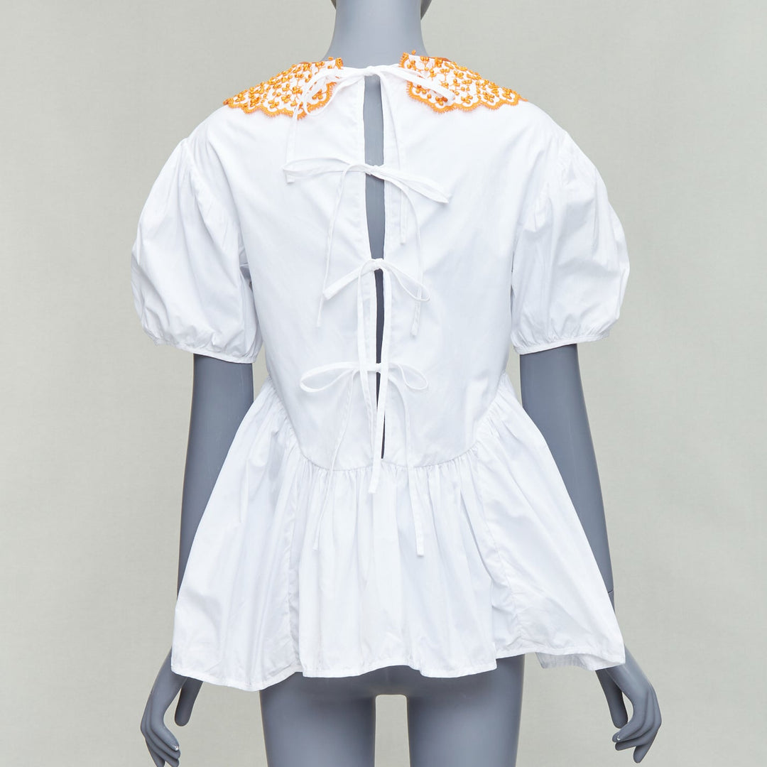 CECILIE BAHNSEN Mie white cotton orange applique collar puff top UK6 XS