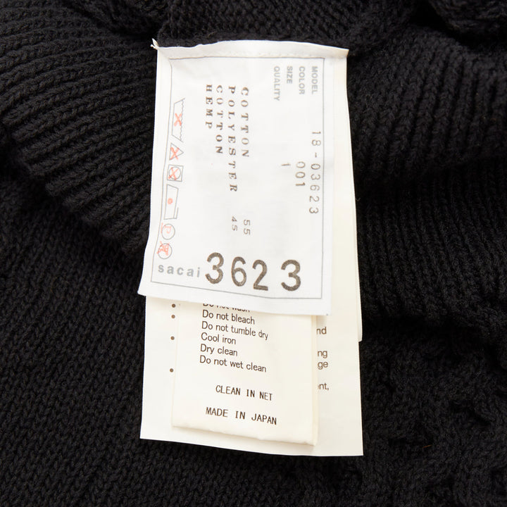 SACAI 2018 black open waffle knit buckle sleeve cotton blend sweater JP1 S
