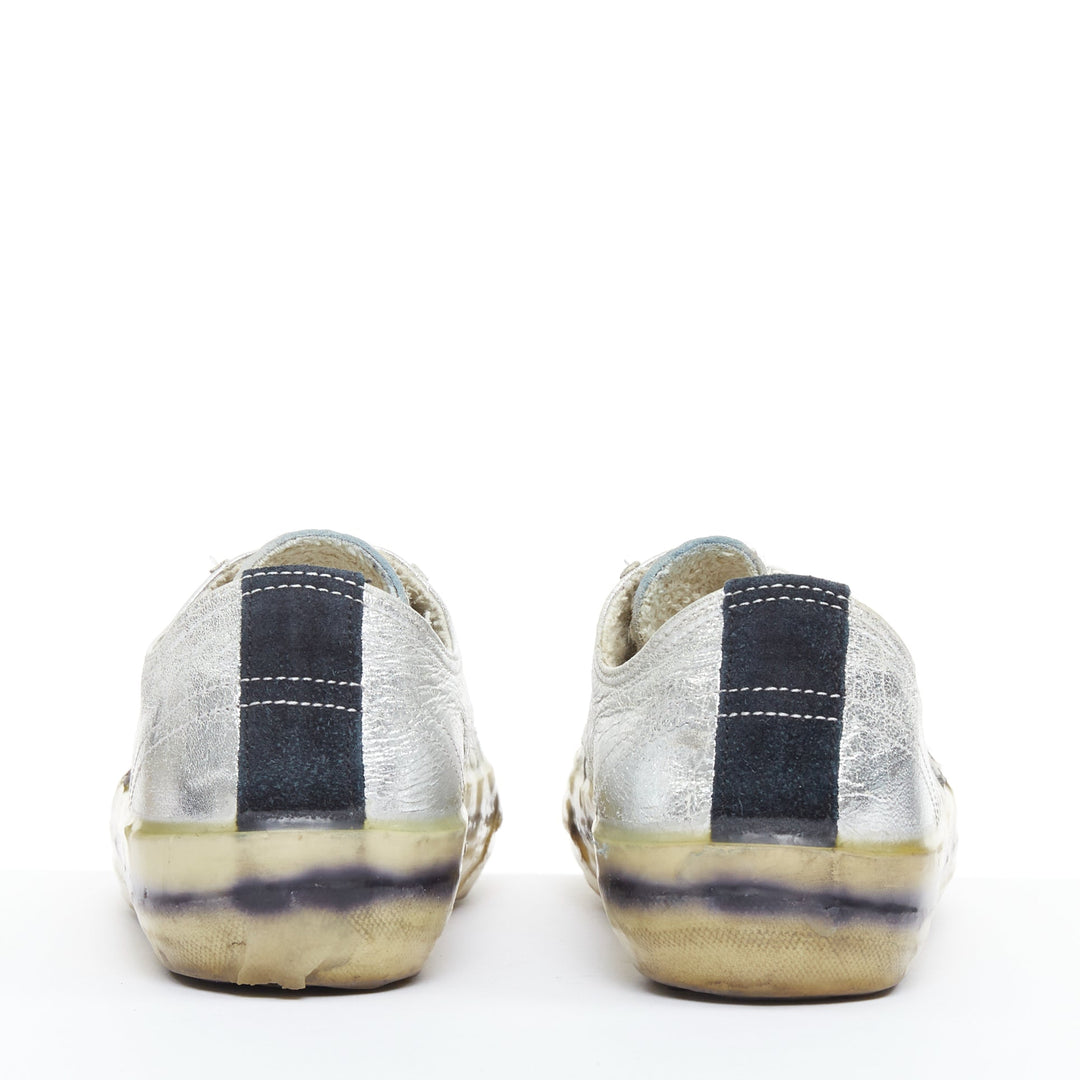 GOLDEN GOOSE May grey suede leopard calf hair silver lace distress sneakers EU37