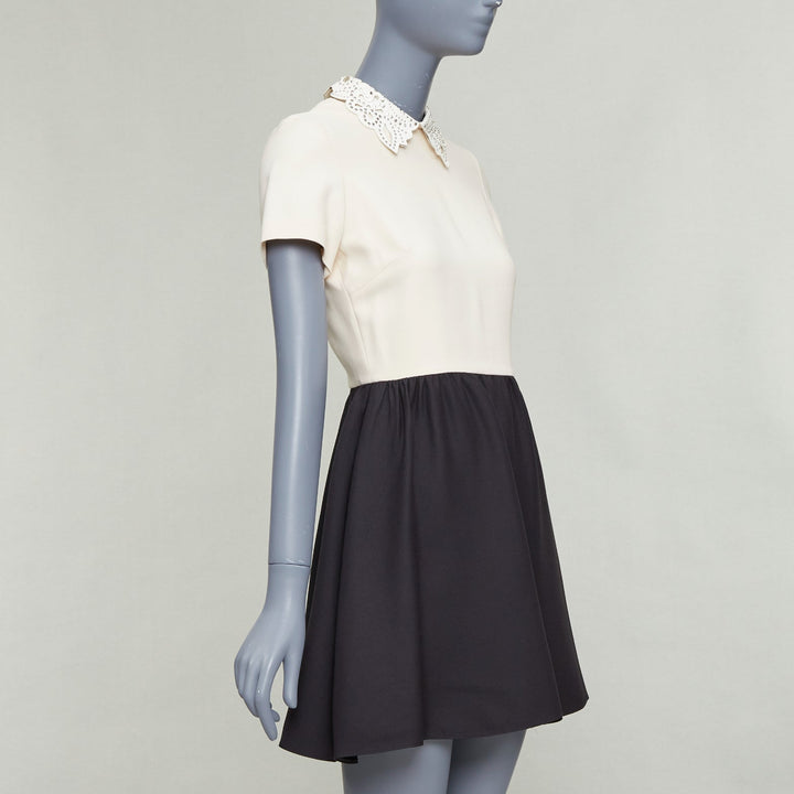 VALENTINO cream black silver studded leather collar bicolor cocktail dress