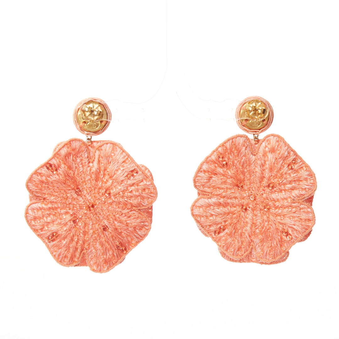 REBECCA DE RAVENEL peach pink floral beaded applique drop pin earrings