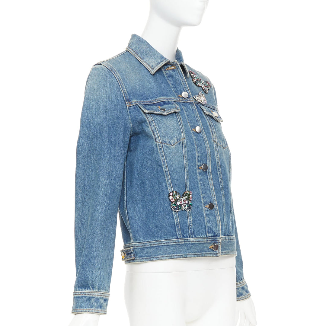 VALENTINO blue denim multicolor jewel butterfly embellish trucker jacket IT40 S