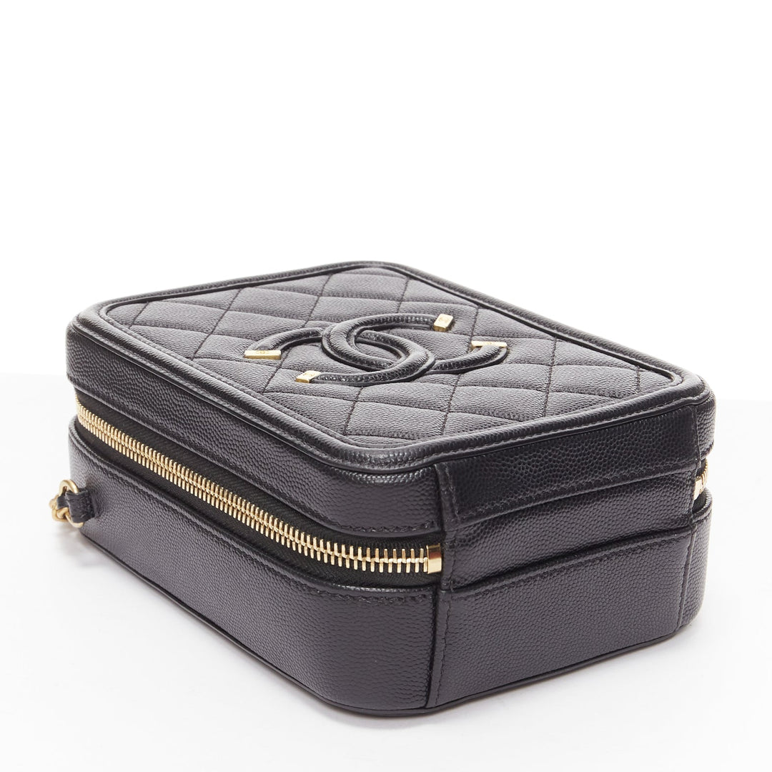CHANEL N/S Vanity Vertical black filigree gold CC logo small crossbody bag