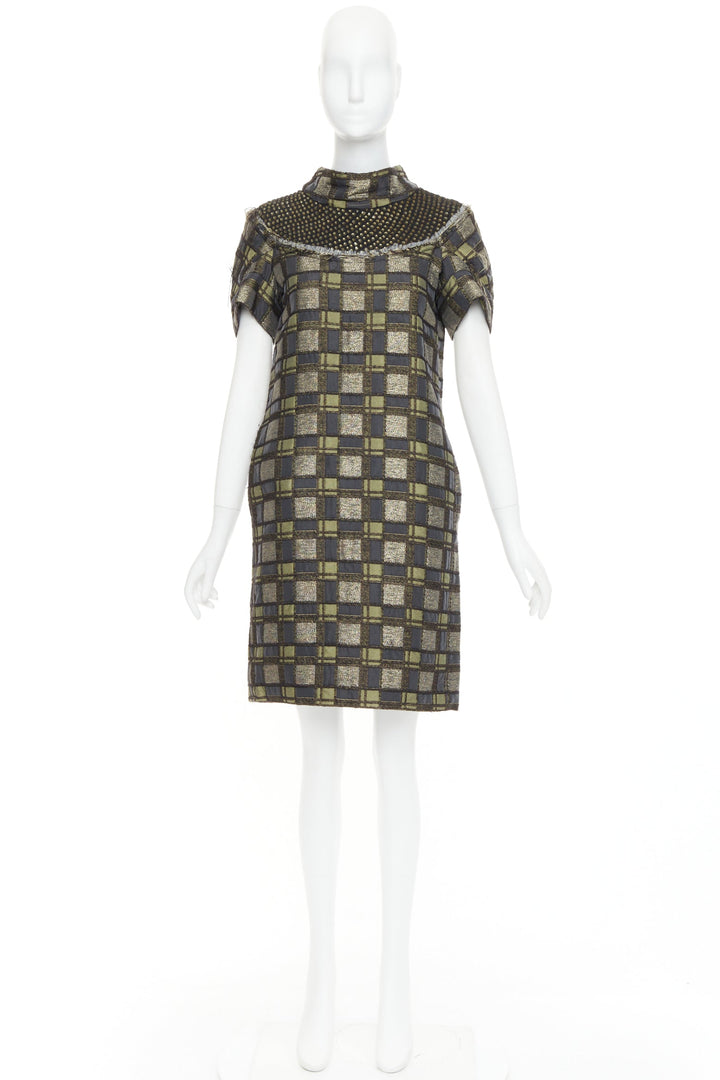 MARNI bronze grey embellished collar checked brocade dress IT36 XXS