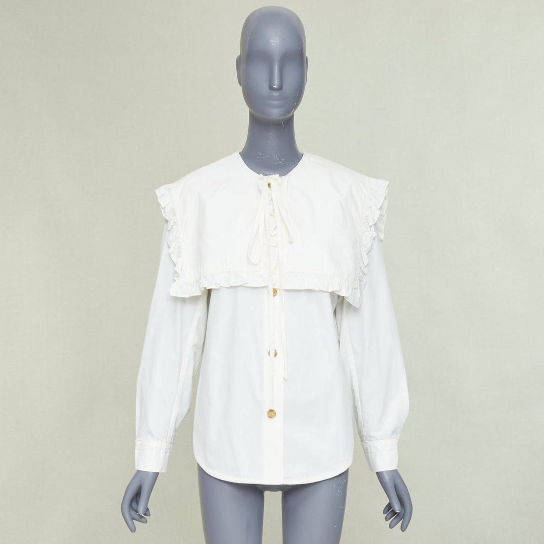 REJINA PYO Tate cream white ruffled sailor collar cotton-poplin  bow shirt S