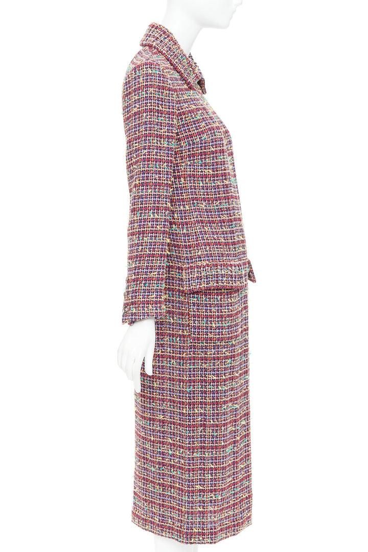 CHANEL 23A Runway multicolor wool blend tweed flap pockets long coat FR36 S