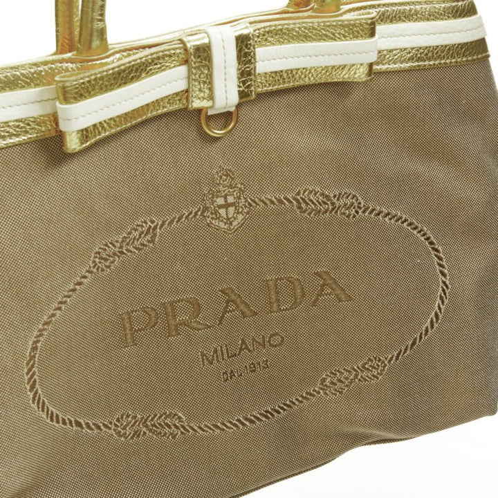 PRADA brown logo jacquard canvas metallic gold handle tote bag