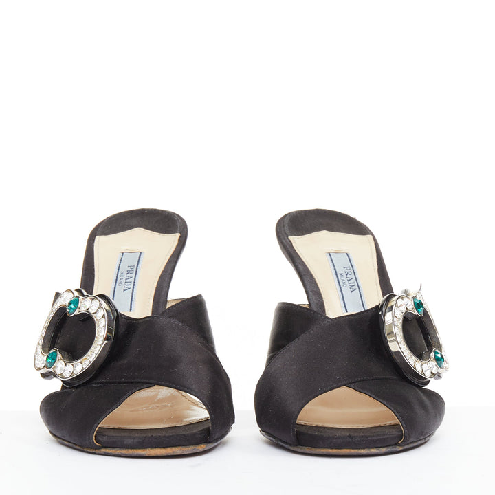 PRADA black satin green clear crystal buckle open toes muled sandals EU36.5