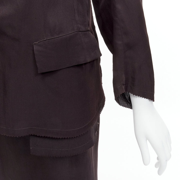 YOHJI YAMAMOTO Vintage brown silk flap pockets mandarin collar jacket skirt S