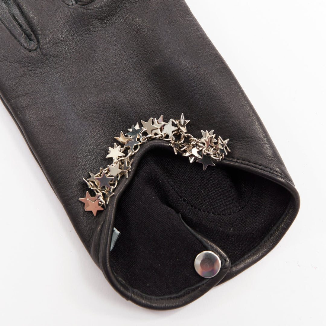 CAUSSE GANTIER black lambskin silk silver star embellished short gloves Sz7