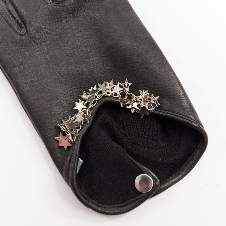 CAUSSE GANTIER black lambskin silk silver star embellished short gloves Sz7